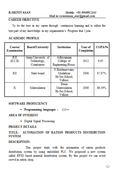 Resume format for electronics and communication engineers fresher